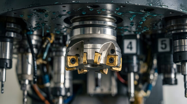 Industrial CNC milling machine face mill tool | Precision automatic tool changer in factory | CNC spindle with carbide inserts and coolant | Metalworking technology
