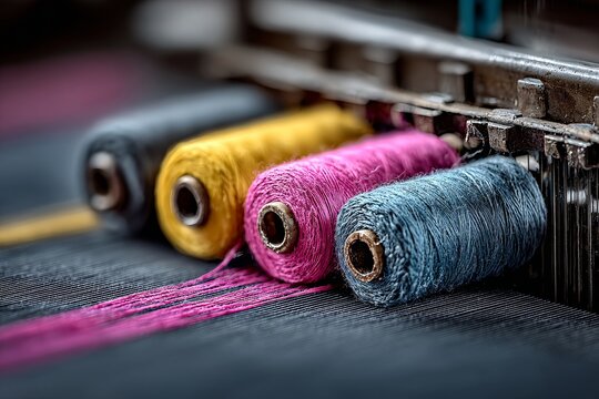vibrant textile yarn spools in pink, yellow, and blue resting on a dark, textured background.