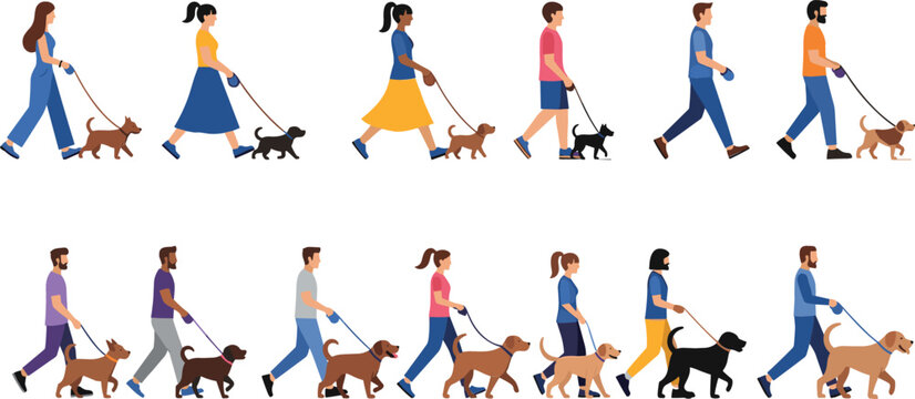 People walking dogs on leashes set featuring various pet breeds in a flat vector illustration style for lifestyle, health, and animal care concepts.