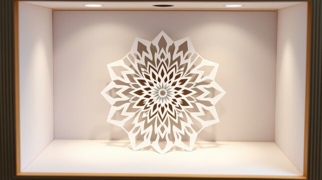 Intricate white snowflake decorates recessed wall niche. Soft lighting highlights geometric pattern, creating elegant display. Minimalist aesthetic.