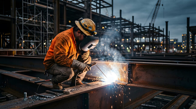 Professional welder working on steel beam structure | Construction worker welding metal at industrial site | Sparks flying from stick welding on skyscraper frame | Heavy duty industrial metalwork