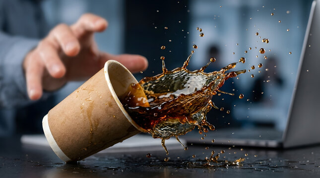 accidental coffee spill from paper cup in office | action shot of liquid splashing near laptop | person reaching for falling coffee cup on desk | messy office accident concept with splashing drink