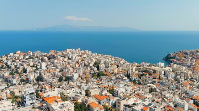 Kavala, Greece. Historic city center. Summer, tourist season. Drone footage