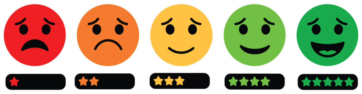 Smiley face icons showing feedback levels with star ratings for customer satisfaction scale from very bad to excellent design