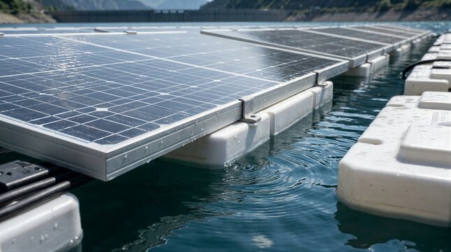 Detailed view of floating photovoltaic system with water ripples and mountain background