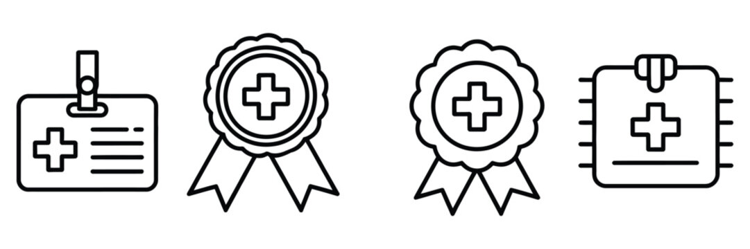Healthcare identification and quality assurance symbols including medical badges and ID cards, modern flat icon pack representing professional healthcare credentials