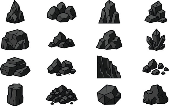 Collection of sixteen stylized rock and crystal formations with geometric shapes for geology, mining, and digital design