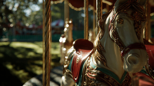 Cinematic carousel horse with gold leaf and deep red lacquer. Warm sunlight filters over a blurred green lawn. Clean right negative space remains for family tourism, children ads, and holiday...