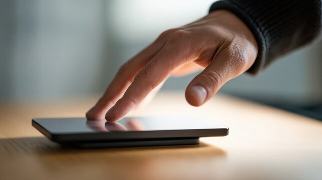 Close-up of a hand interacting with a sleek, modern tablet on a wooden surface. A person's hand hovers above a sleek tablet, with a wooden table in the front