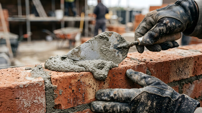 Professional bricklayer applying mortar with trowel | Close-up of construction worker building brick wall | Masonry work on residential building site | Industrial bricklaying process