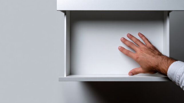 A hand reaching towards an empty drawer, creating a sense of anticipation and emptiness. The minimalist composition, features a drawer with a hand reaching inside. 