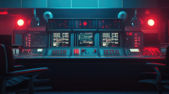 Advanced neon lit control room with multiple screens, consoles and empty operator chairs monitoring data, networks and ai driven systems for security and research operations