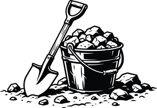 "Black and white vector illustration of shovel and bucket filled with rocks for mining, excavation, and construction design projects"