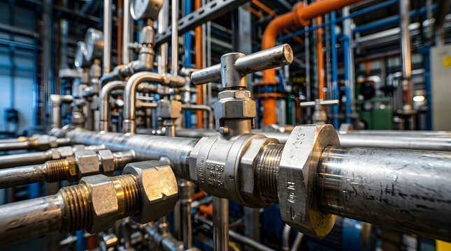 Industrial stainless steel manifold system | High pressure pipeline with ball valve | Commercial plumbing and gas infrastructure | Industrial factory mechanical piping network