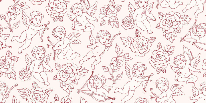 seamless repeating vector pattern with cherubs and roses