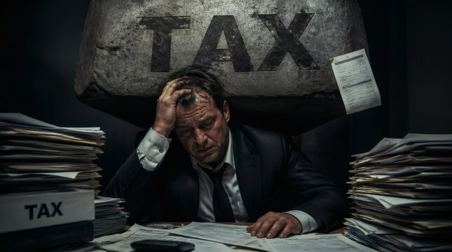 stressed businessman burdened by heavy taxation overwhelmed by financial pressure debt crisis crumpled suit cluttered desk giant tax bill crushing him representing corporate stress tax season anxiety