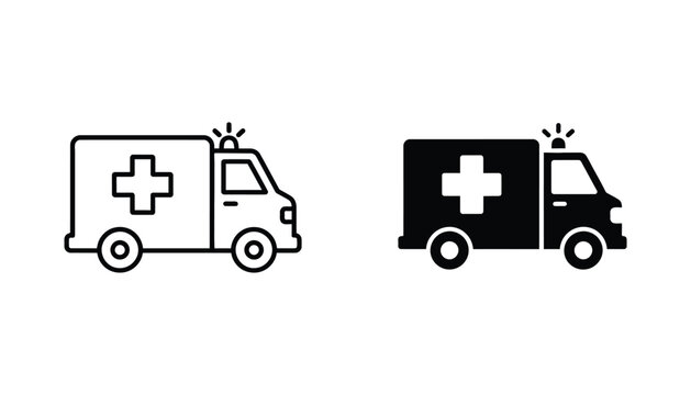 Ambulance emergency vehicle line and solid icons set for medical web design and mobile application interfaces