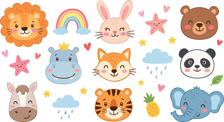 Large vector collection of cute kawaii animal faces including lion panda elephant tiger and rabbit with rainbows and stars for nursery decor. © Suchana