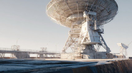 Fototapeta premium Large dish antenna operating at a deep space observatory, capturing signals from distant celestial objects, exploring the cosmos and expanding scientific knowledge
