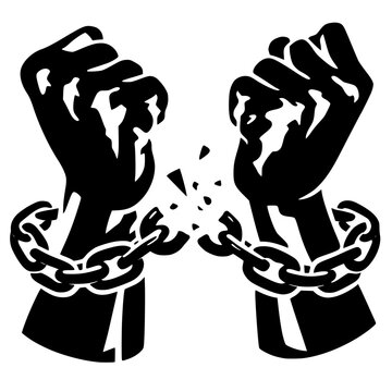 Solid black silhouette of raised hands breaking iron chains, symbolizing freedom, liberation, and overcoming struggle in a sharp minimalist vector style.