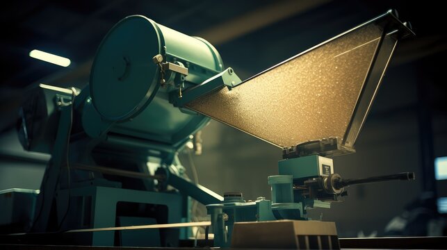 Modern teal colored industrial machinery operates inside a manufacturing facility, processing and funneling grains through a mechanical hopper under soft factory lighting