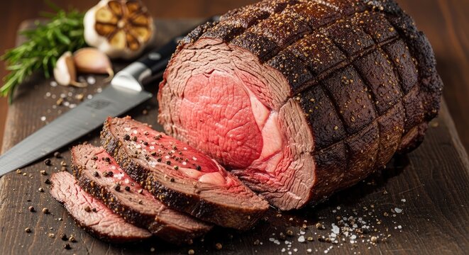 A beautifully roasted beef roast sits on a wooden cutting board, sliced into thick pieces. The roast is dark brown and glistening with seasoning.