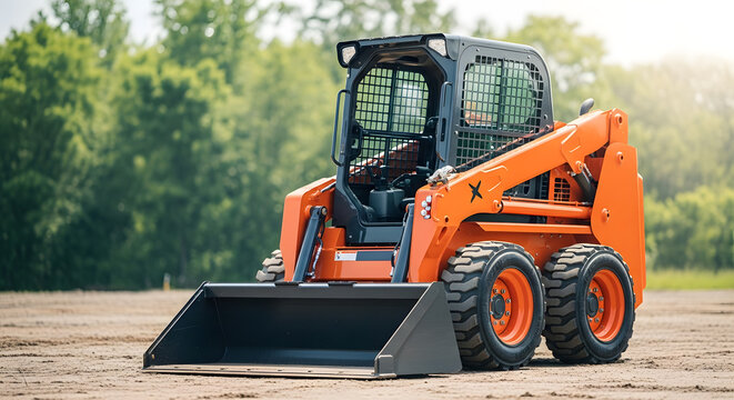 Orange skid steer loader for construction | Heavy duty earthmoving equipment on site | Industrial wheeled loader with front bucket | Compact machinery for landscaping and excavation