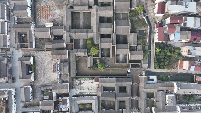 Aerial View of Traditional Chinese Village Rooftops and Courtyards