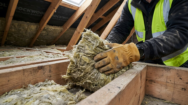 Worker installing mineral wool insulation in attic | Home energy efficiency upgrade process | Thermal loft insulation for house renovation | Construction worker fitting fiberglass bats in rafters