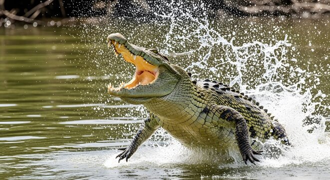 Large crocodile with open mouth jumping and splashing in the river water
