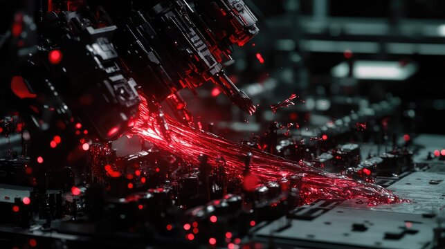 Robotic manipulator generating a vibrant red stream of data or energy, connecting advanced technology with abstract liquid dynamics in a dark, high tech environment
