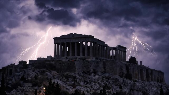 Dramatic thunderstorm with multiple lightning strikes illuminating the ancient Parthenon temple at the Acropolis of Athens, Greece, during a dark and stormy night over the historic landmark