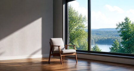 Fototapeta premium Modern window on clean wall background with wooden floor and single chair with minimal interior space and natural light