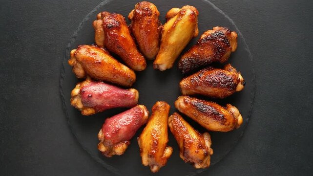 Crispy Roasted Chicken Wings Arranged in a Circle on Black Stone Board