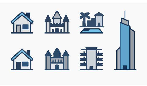Clean property and accommodation icon collection with house palace resort apartment and tower vector set