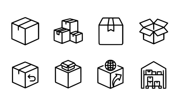 Box line icon set with delivery package cargo export return parcel and shipment vector illustrations isolated on white background