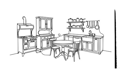 Fototapeta premium Minimal continuous one line vintage kitchen interior vector illustration with editable stroke furniture design isolated on white background