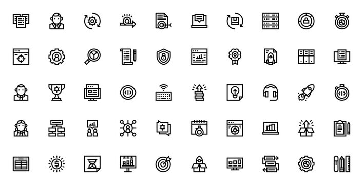 Agile methodology icon set. Minimal line icons pack. Featuring research, boss, exchange, target, evaluation, server, deployment, collaboration, workflow and more. Editable vector stroke.