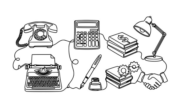 Stylish continuous line business icon illustration set with vintage corporate office outline vectors