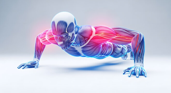 Holographic Male Figure Performing Push-ups with Highlighted Pectoral Muscles