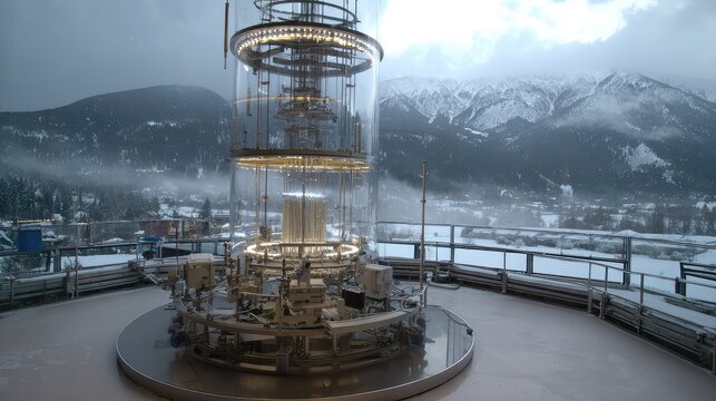 Quantum computer technology operating in a remote winter environment, suggesting advanced scientific research and experiments amidst a serene snowy mountain landscape at twilight