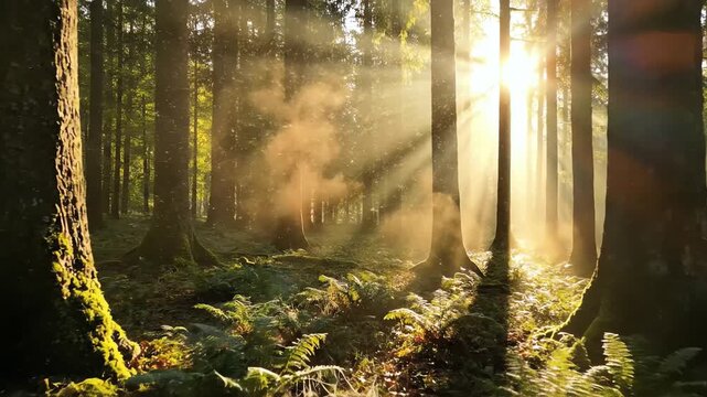 Sunbeams pierce through the dense canopy of a lush green forest, illuminating dust motes and ferns on the forest floor.