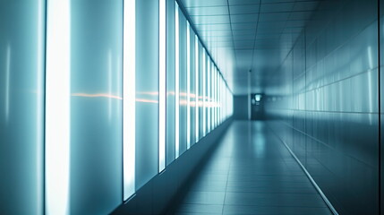 Fototapeta premium Long futuristic corridor featuring glowing vertical light panels along one wall, creating a sense of depth and modern architecture in a technology or sci fi setting