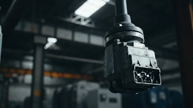 Industrial manufacturing close-up of two automotive connectors hanging from a factory ceiling in a dim setting