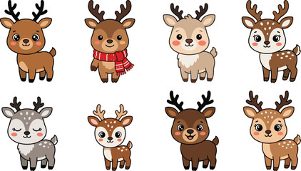 Obraz premium Adorable Christmas Reindeer Character Set with Cute Deer in Red Scarf for Holiday Greeting Cards, Winter Nursery Decor, Seasonal Sticker Designs, and Festive Children's Illustration Projects.