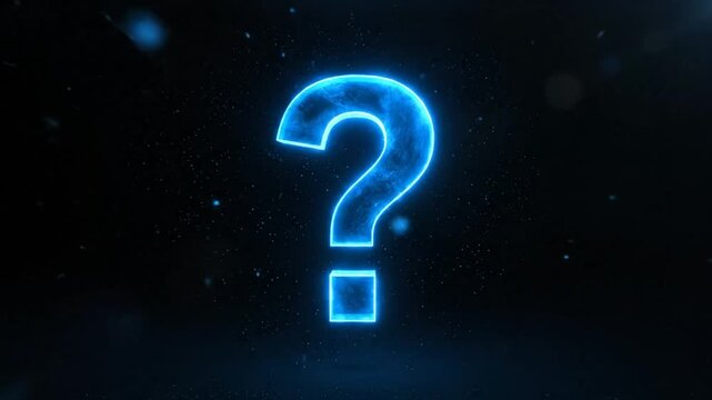 Mysterious Blue Glowing Question Mark Symbol on Dark Black Background Asking Concept with Sparkling Particles