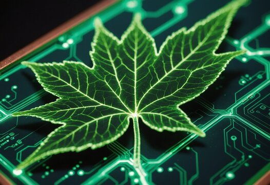Green Leaf Growing from Glowing Circuit Board Sustainability Concept