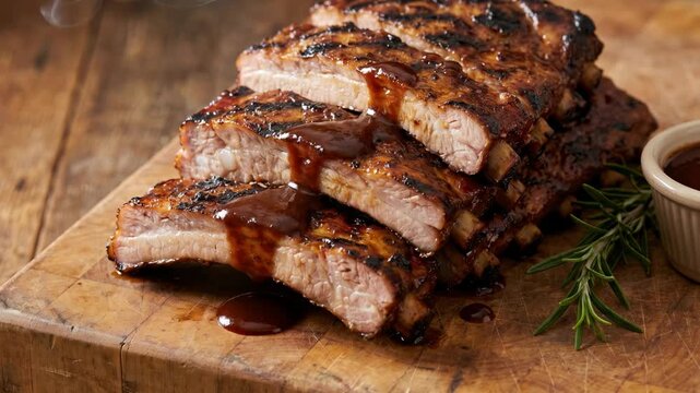stack of hot steaming grilled pork ribs heavily coated with sweet sticky barbecue sauce resting on rustic wooden cutting board near small dip bowl fresh rosemary sprig delicious appetizing dinner