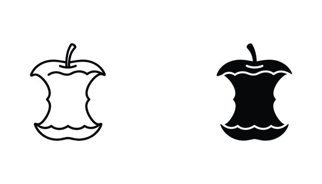 Apple core icon set showing eaten fruit shape in both outline and solid black styles for food waste and healthy eating concepts