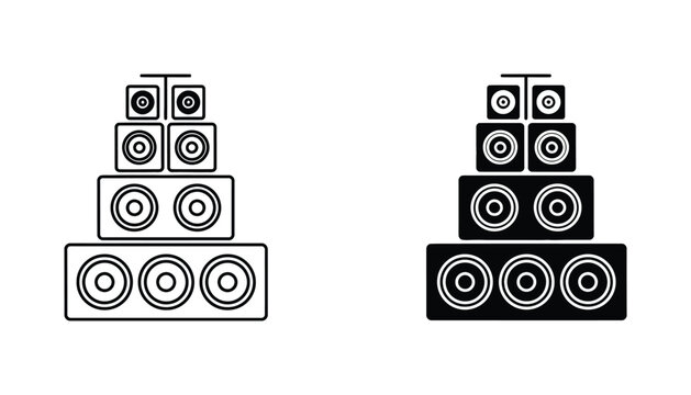 Set of professional audio speaker stacks featuring outline and solid black icon designs for studio and event sound equipment visual communication